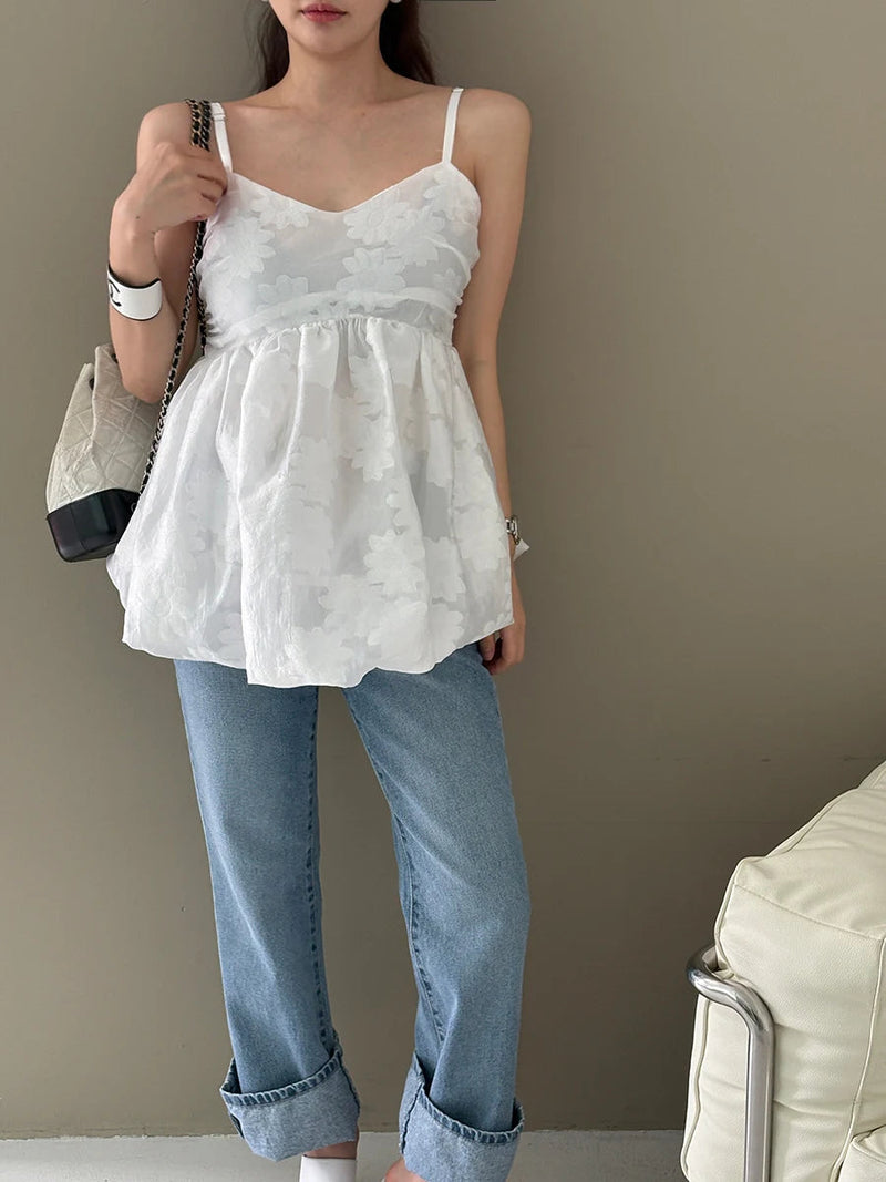 3d Embroidered Jacquard Tank Top Strap Summer New Style Unique Design Lotus Leaf Edge Puff Blouse Top