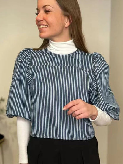 Summer Stripes Shirts for Woman Round Neck Short Sleeves Bow Laceup Tops Female Blouses