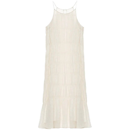 Sleeveless Chiffon Dress Round Neck Aline Shape Striped Slim Long Dress Daywear Color Female Summer
