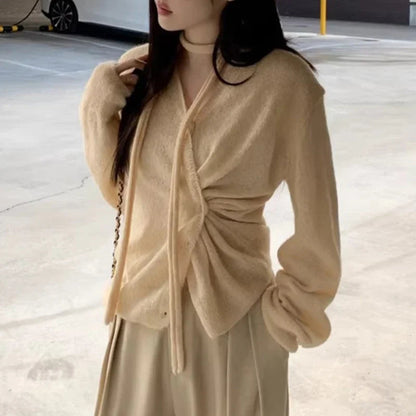 Vneck Singlebreasted Pleated Longsleeved Cardigan Autumn New High Street Pleated Laceup Color Tops