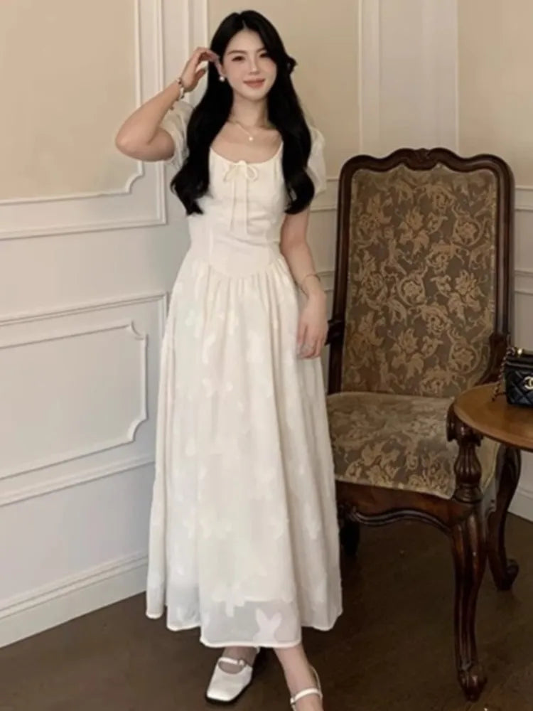 Midi Dresses for Summer New Puff Sleeve Square Collar A-line Birthday Party Dress Korean One Piece Vestido