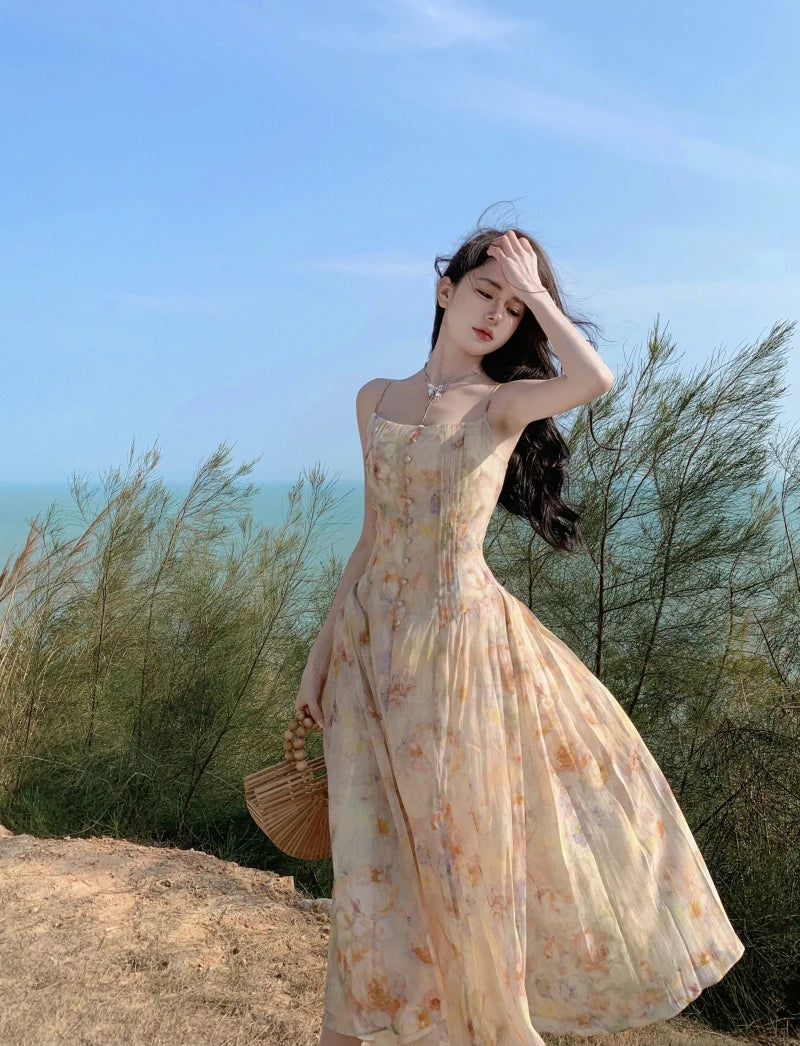 New French Holiday Fairy Beach Style Long Dress Fragmented Chiffon Strap Dress