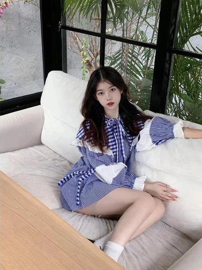 Plaid Shirts Lace Patchwork Ruffles Peter Pan Collar Long Sleeve Spring Sweet Bandage Loose Blouse Female Tops