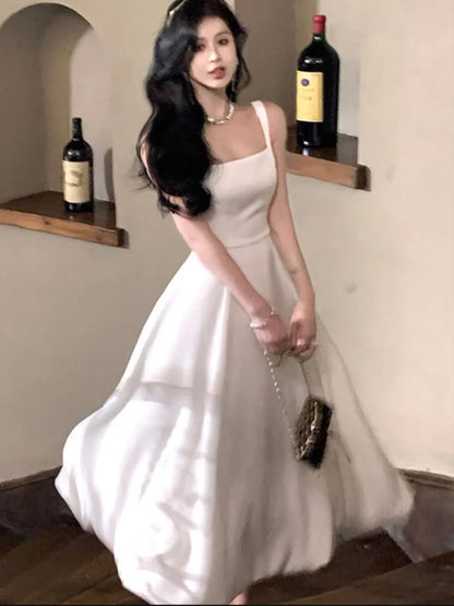 Satin Midi Dresses for Sleeveless Aline Summer Evening Party Dress French Prom Robe Vestido Mujer