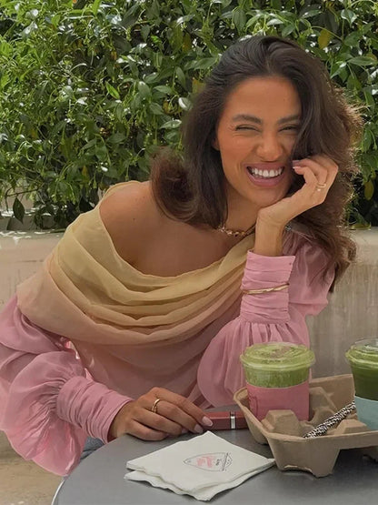 Pink Gradient Chiffon Pleated Blouse
