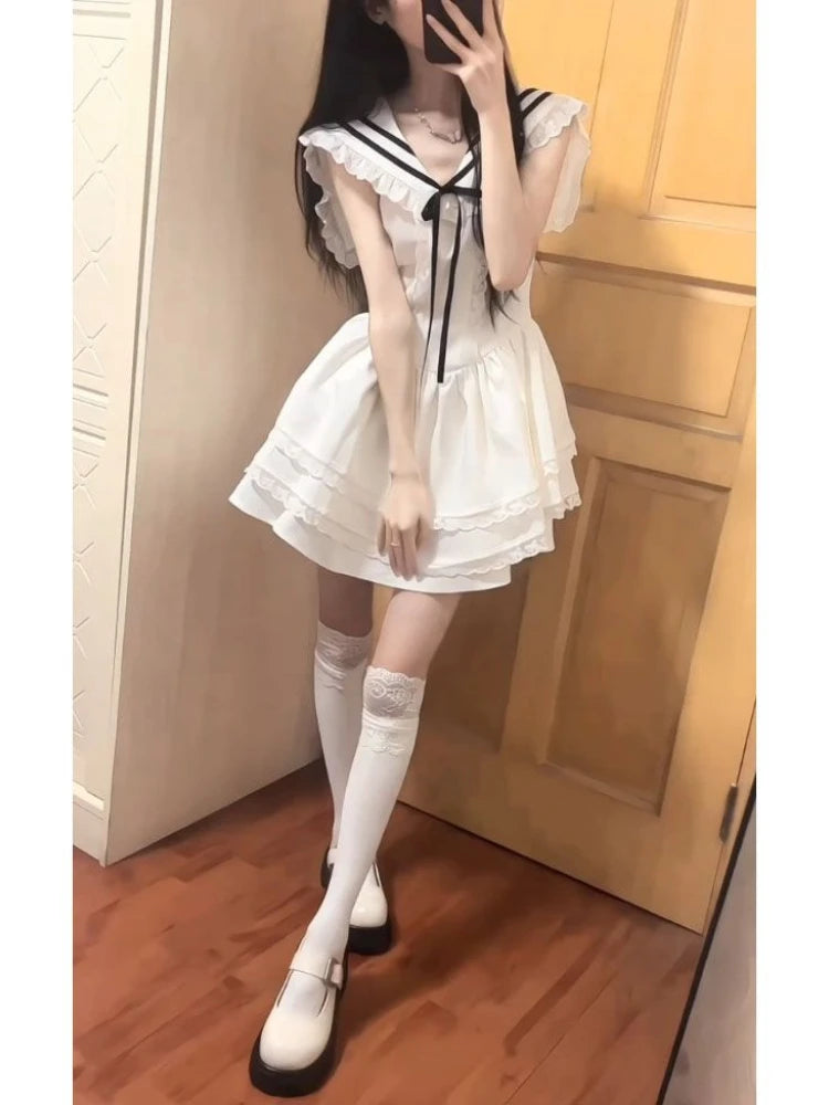 Woman Dress Sailor Collar Sleeveless Sweet Lace Patchwork Bow Preppy Style Mini Dresses Ball Gown Female