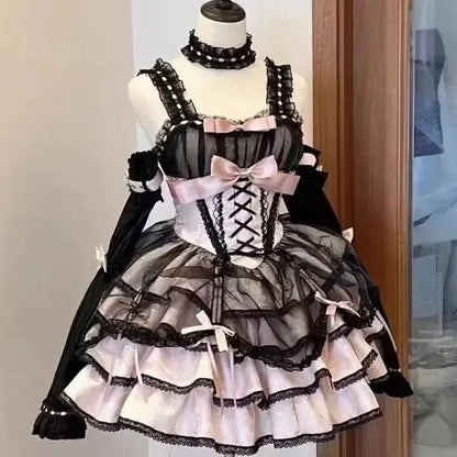 Japanese Sweet Lolita Jsk Dress Gothic Y2k Bow Lace Ruffles Evening Party Mini Dresses Harajuku Kawaii Black Vestidos
