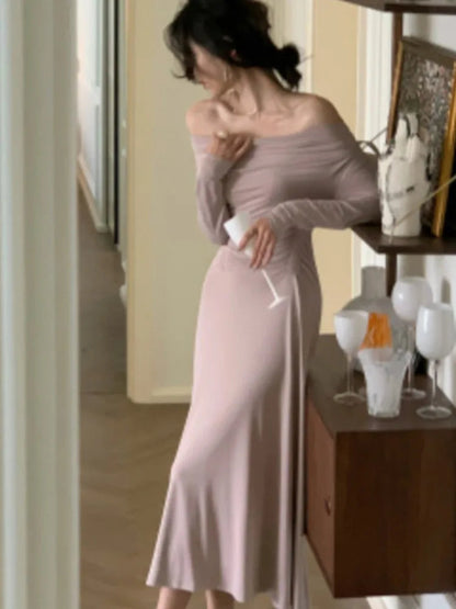 Off Shoulder Knit Midi Dresses Autumn Long Sleeve Pleated Dress Slim Evening Party Female Clothing