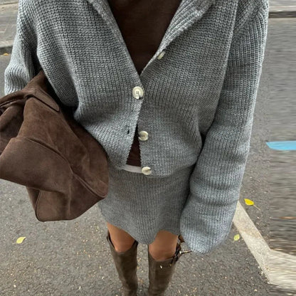 Knitted Skirts 2 Piece Set Lapel Flare Button Knitted Cardigan Top Mini Skirt Autumn Lady All-matching Outfit