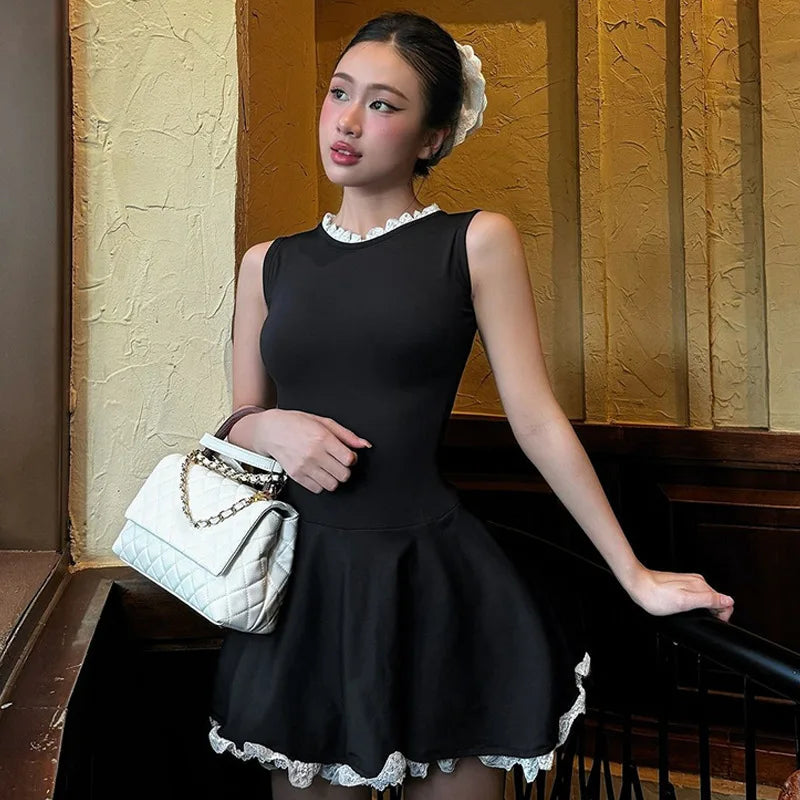 Splice Lace Mini Dress for High Waisted Slim Folds Aline Hem Dresses Sleeveless Evening Party Dress Lady