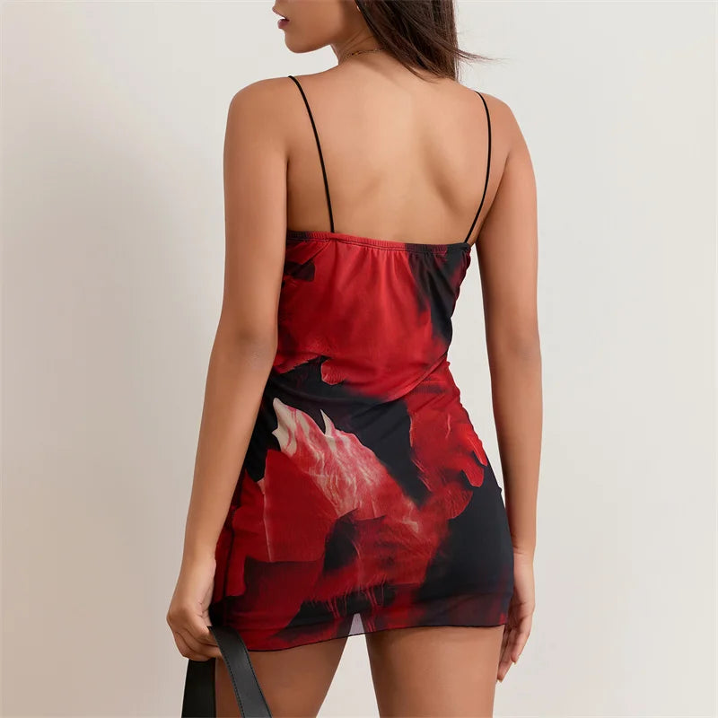 Mini Dress Summer Print Square Collar Spaghetti Strap Sleeveless Short Dress Evening Party Dresses