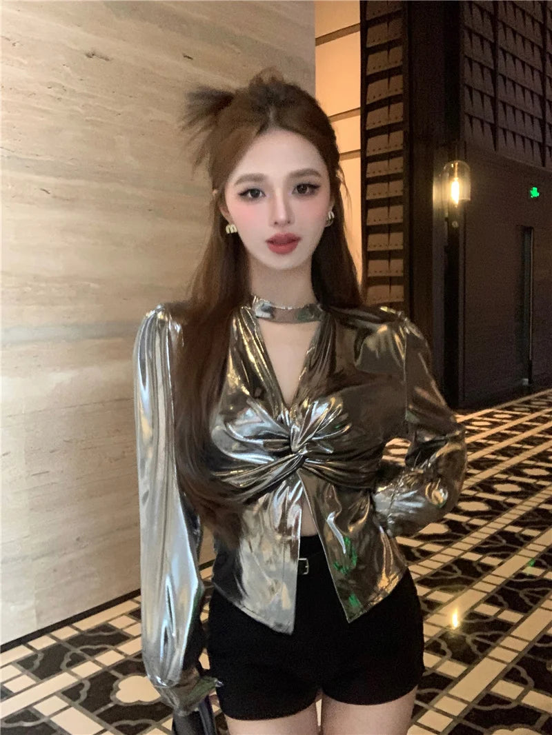 Halter Shiny Blouse Puff Sleeve Vneck Slim Fit Shirts Autumn Winter Design Silver Top