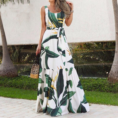 Summer Flower Print Sleeveless Long Dresses Vacation Style Dress O Neck High Waist Leace-up Maxi Vestidos