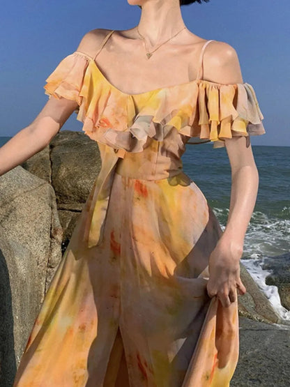 Print Midi Dress Sleeveless Spaghetti Strap Aline Beach Holiday Clothes Female Summer Dresses Vestidos