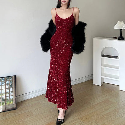 Sequined Velvet Mermaid Long Dress Party Evening Clubwear Korean Style Vneck Sleeveless Maxi Dresses New