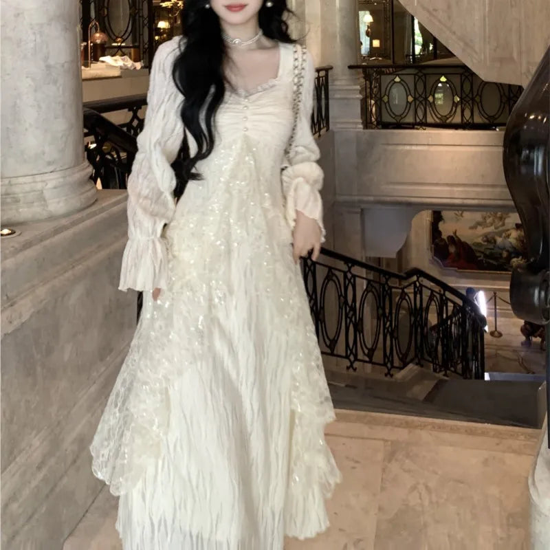 Autumn Winter New Midi Dresses for Lace Ruffles Flare Sleeve A-line Birthday Party Dress Korean Vestidos Mujer