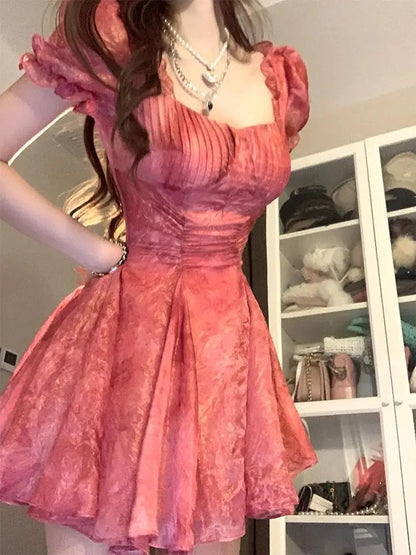 Summer Dresses Puff Sleeve French Style Retro Sweet Vestidos Mujer Print Aline Square Neck Mini Dress
