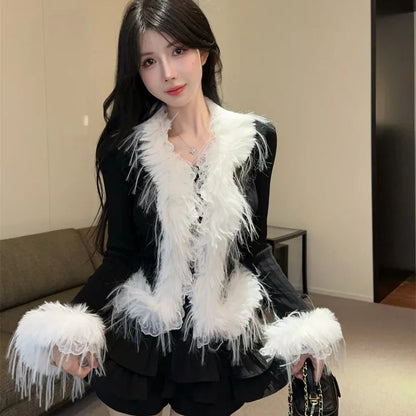 Sweet Hot Girl Pure Vneck Splicing Wooly Sweater Top Autumn and Winter Longsleeved Slim Cardigan Female Clothes