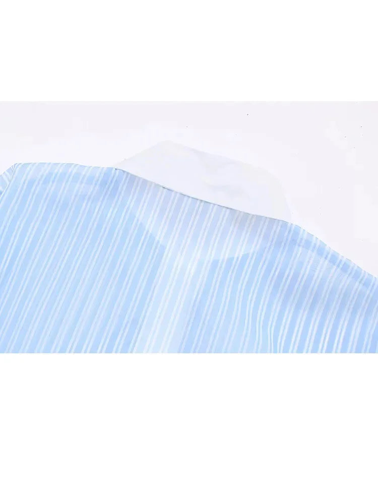 Spring Shirt Woman Blue Striped Lapel Long Sleeve Single Breasted Female Transparent Blouse