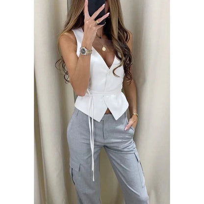 Lace Up Sleeveless White Blouse