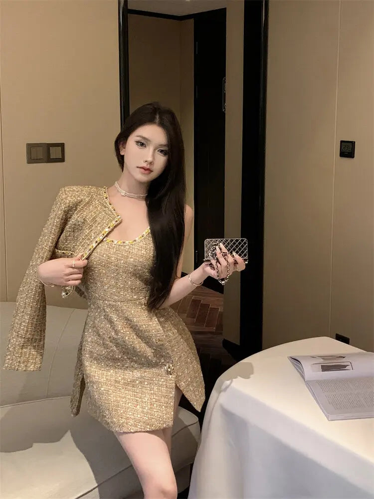 Gold Tweed 2 Piece Suit Jacket for Autumn Winter Designers Wool Coat + Strap Mini Dress Korean