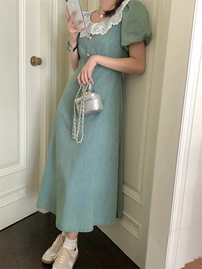 Princess Gentle Maxi Dress Slimfit Summer Short Sleeve Sweet Office Lady All Match Daily
