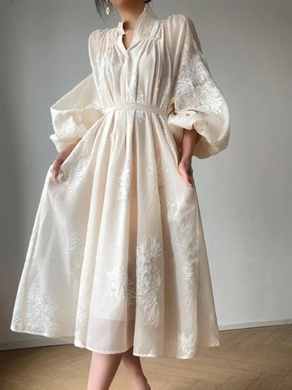 France Lantern Sleeve Embroidery Midi Dress for Spring Autumn New V Neck Lace Up Vestidos Korean Clothes