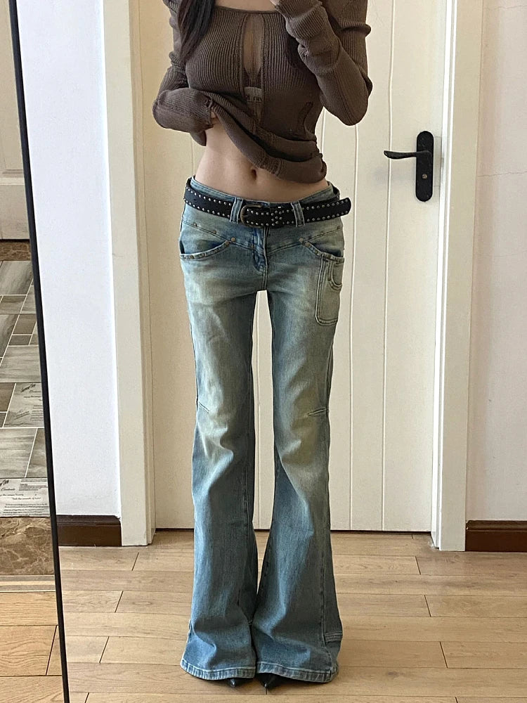 Gyaru Japanese Harajuku Y2k Low Rise Flare Denim Pants Jeans 2000s Bellbottom Trousers Kpop Goth Tide