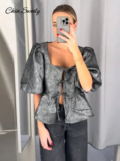 Square Collar Crop Blouses Lace Up Puff Short Sleeve Shirts Spring Summer Lady All-match Hollow Out Tops New