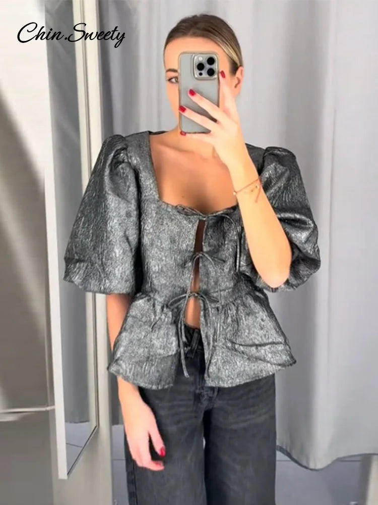 Square Collar Crop Blouses Lace Up Puff Short Sleeve Shirts Spring Summer Lady All-match Hollow Out Tops New