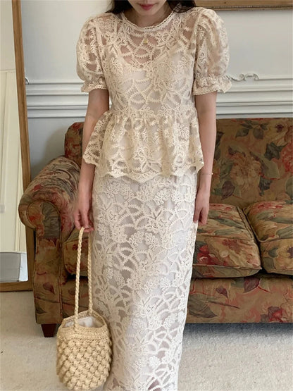 Slim Hollow Out Blouses Florals Summer Sets Office Lady High Waist Work Wear Long Skirts Suits