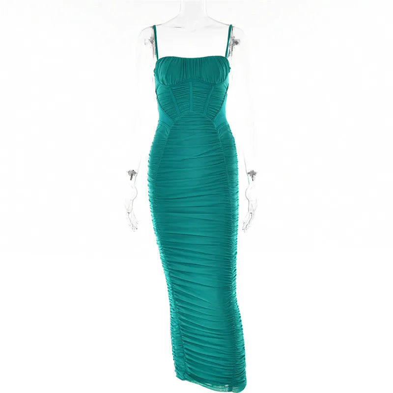 Mozision Corset Ruched Maxi Dress Spaghetti Strap Sleeveless Backless Zipper Long Dress Vestido