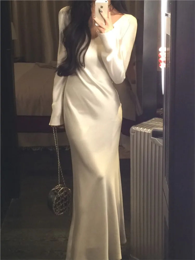 Autumn Satin Long Dresses for Wedding Evening Party Dress Prom Robe V-neck Long Sleeves Mermaid One Piece Vestido