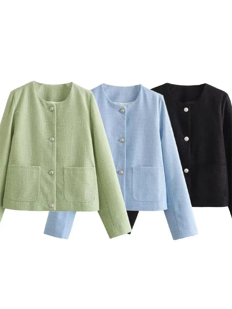 Autumn Patchwork Cardigan Sweater Scoop Neck for Pocket High Waist Outwear Female Coat