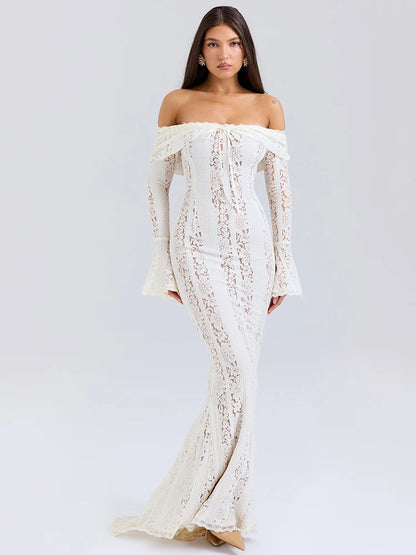 Lace Off-shoulder Maxi Dress for White Strapless Backless Long Sleeve Bodycon Club Party Long Dress