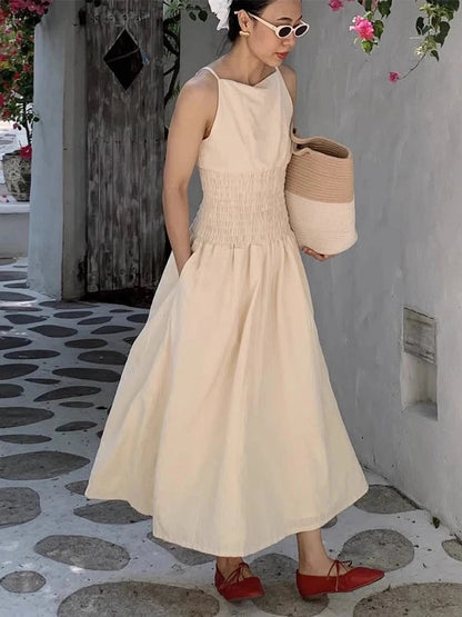 Korean Summer New French Vacation Style Wrinkles Hugging Waist Stretching Sleeveless Strap Long Dresses