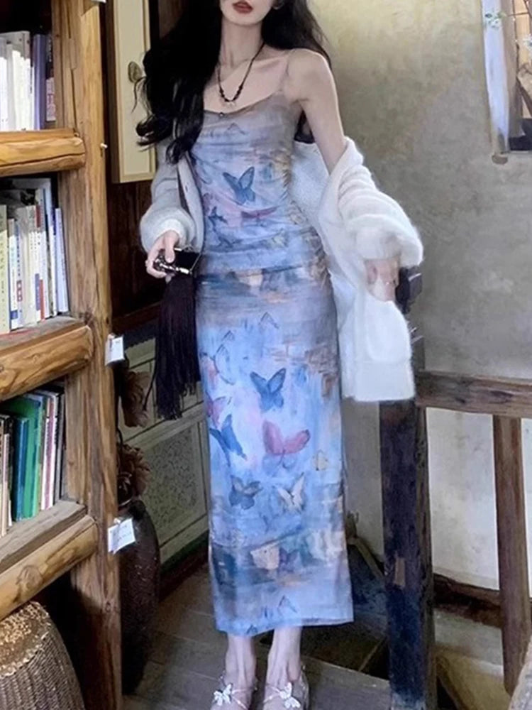 Summer Maxi Dress Preppy Style Butterfly Print Sleeveless Strap Dresses Clubwear Party Dresses