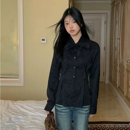 Black Shirts for Slim Long Sleeve Blouse With Bow Pleated Tops Korean Spring Autumn Office Clothes