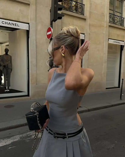 High Street Backless Bandage Pleated Dress Slit Sleeveless Bodycon Mini Dress New Summer Party Dress