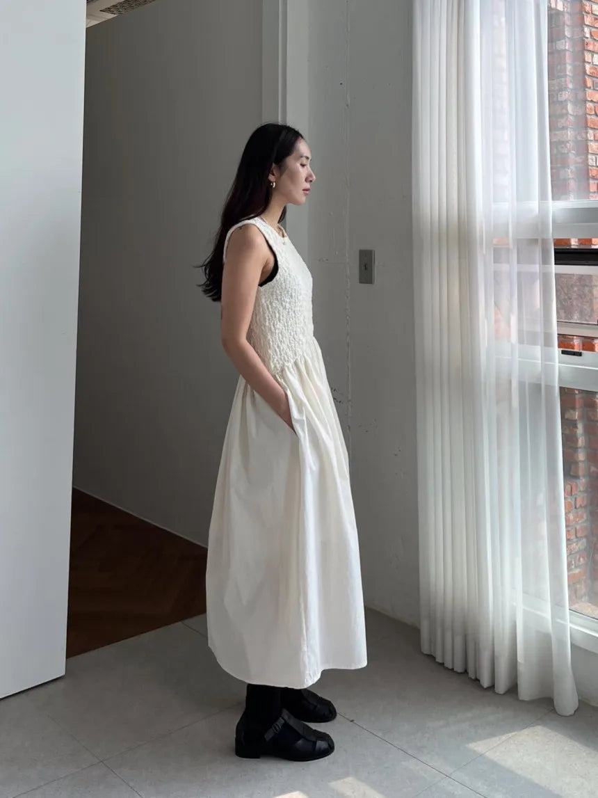 Long Dress Korean Summer Design Round Neck Pleated Texture Slim Fit Sleeveless Vest Vestidos