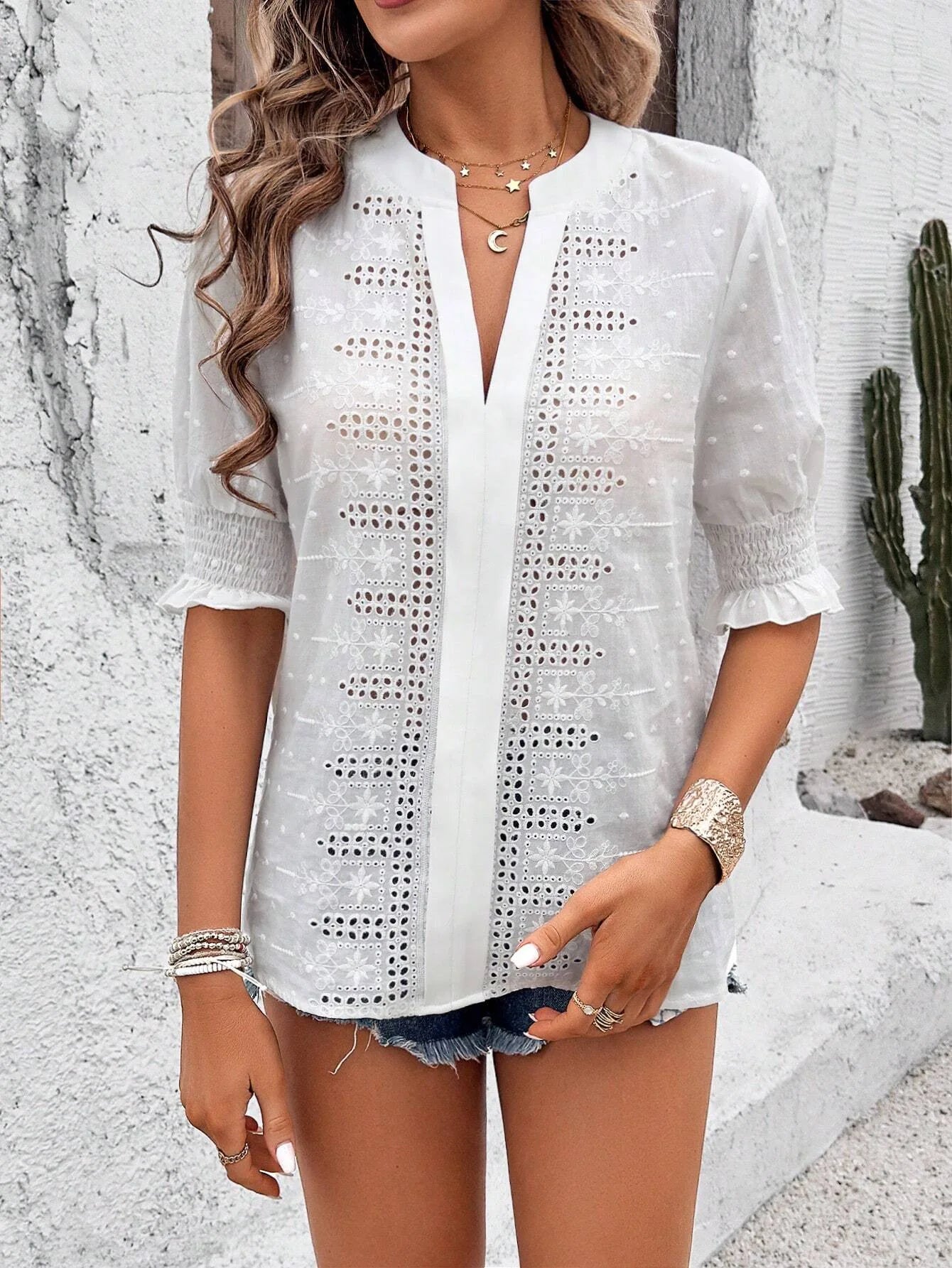 Embroidery Lace Swiss Dot Blouse
