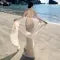 French Summer Beige Club Spaghetti Strap Long Dress V Neck Backless Wrap Hip Pleated Fishtail Evening Dress