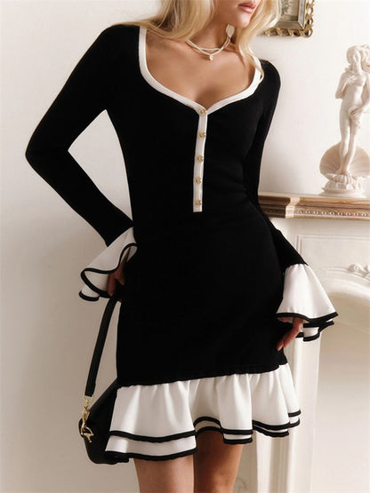 Ruffled Backless Tee Bow Mini Dress Female Slim High Waist Party Dress Commute Clothes Summer Dress