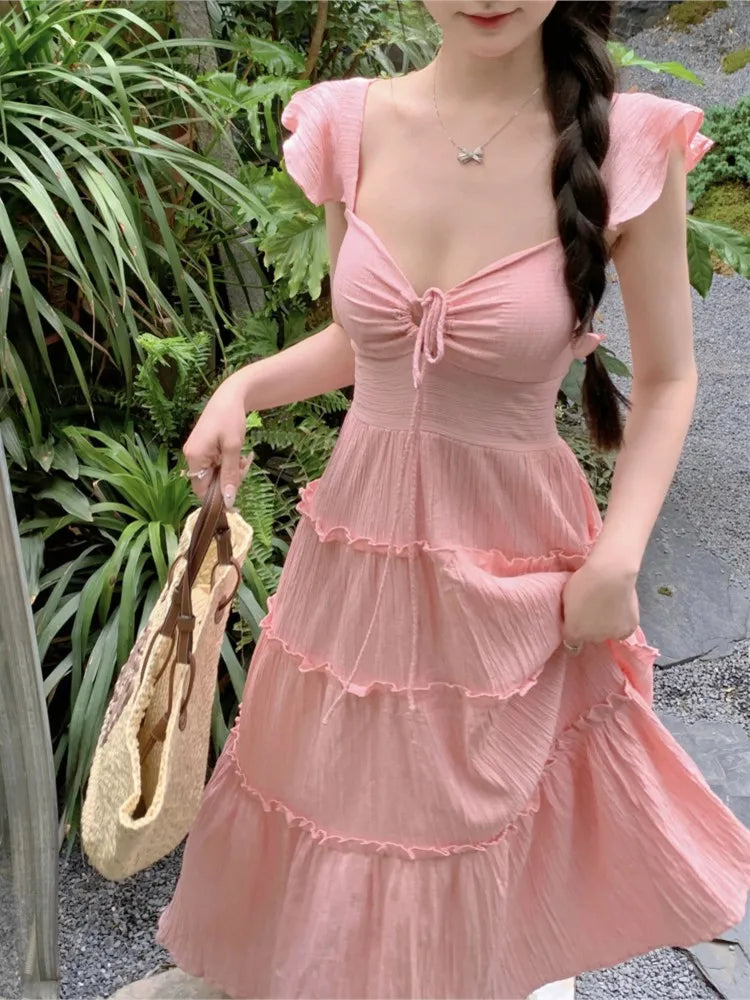 New Summer Long Dresses for Off Shoulder Aline Ruched Korean Holiday Beach Style Party Dress Robe Vestido