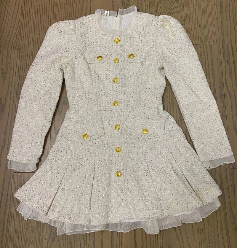 New Tweed Pleated Mini Dress Autumn Long Sleeve Korean Style Single Breasted Ruffle Office Lady Dresses