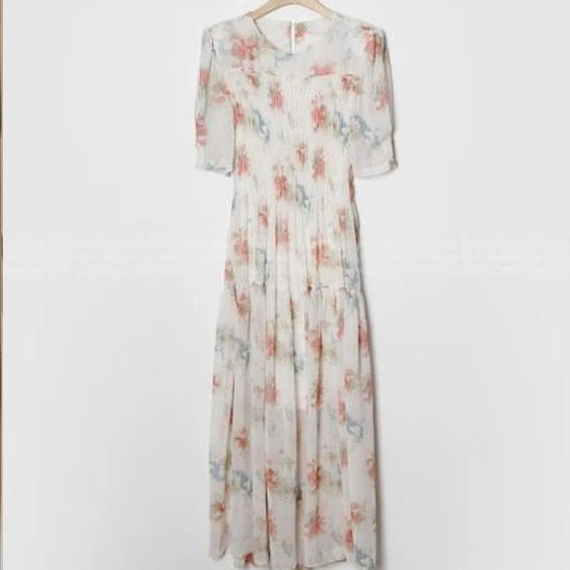 Kylethomasw Short Sleeve Chiffon Dress Print Elastic Waist White Dress Lady Summer Long Dresses for Vestido