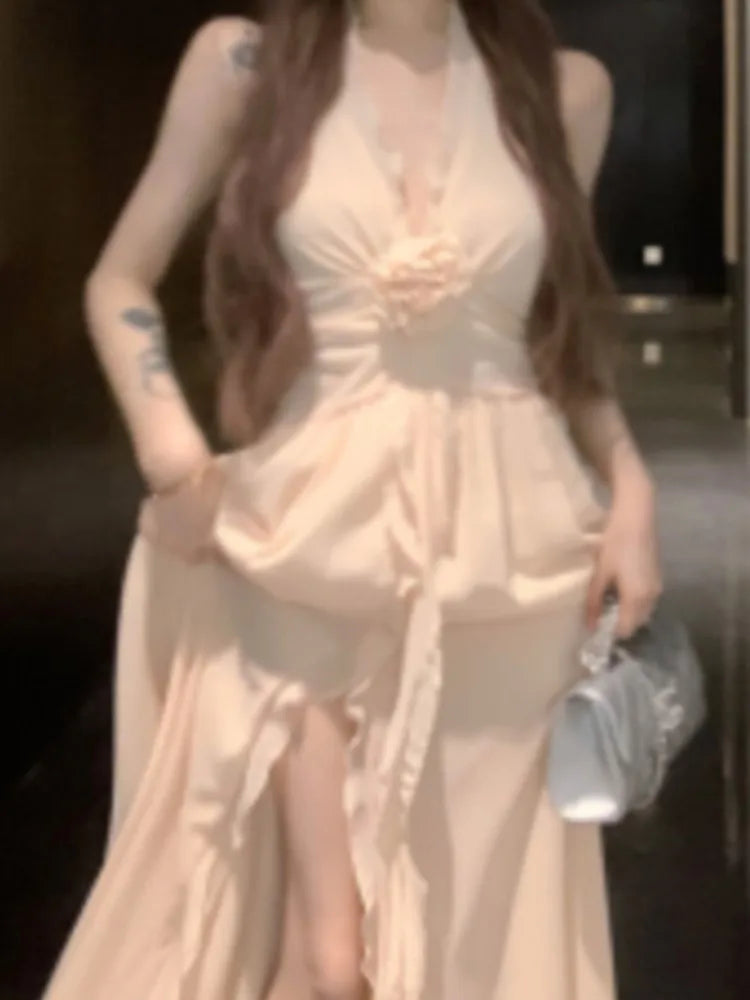 Neackmounted Backless Long Dresses Beach Gentle Fairycore Flower Design Sense Aline Vneck Off Shoulder Backless Dress