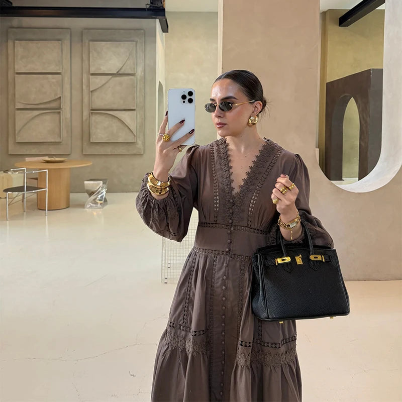 Hollow Lace V-neck Patchwork Maxi Midi Dress