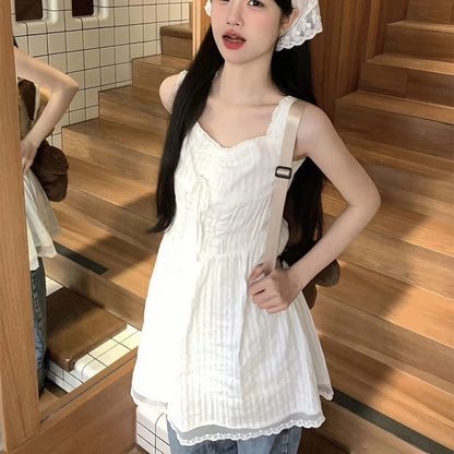 White Camis Dresses Summer French Sweet Lace Patchwork Spaghetti Strap Dress Korean Kawaii Female Mini Dress Tops