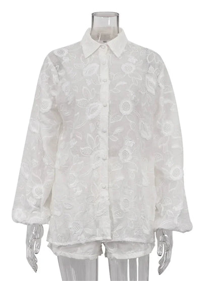 Printed See-through Outfits Female Patchwork Cardigan Shirts and Lace-up High Waist Shorts Sets Autumn 2 Piece-set